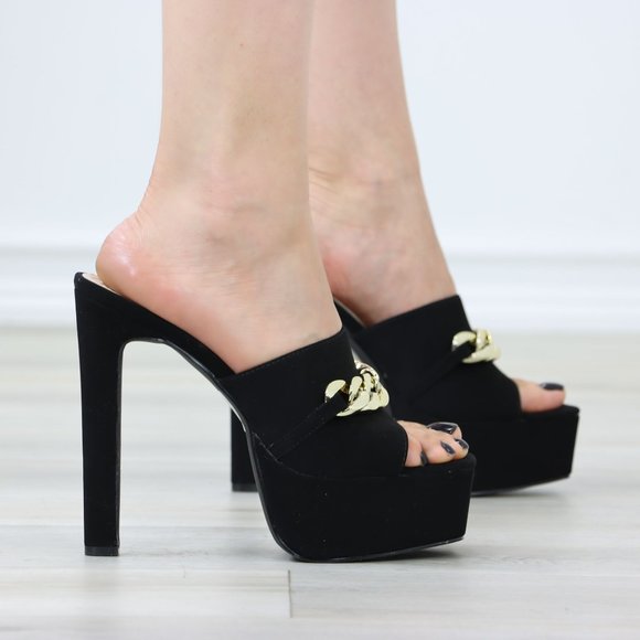 Black Faux Velvet Open Toe Slip On Platform Heels Gold Tone Chain Detailing - Picture 4 of 12